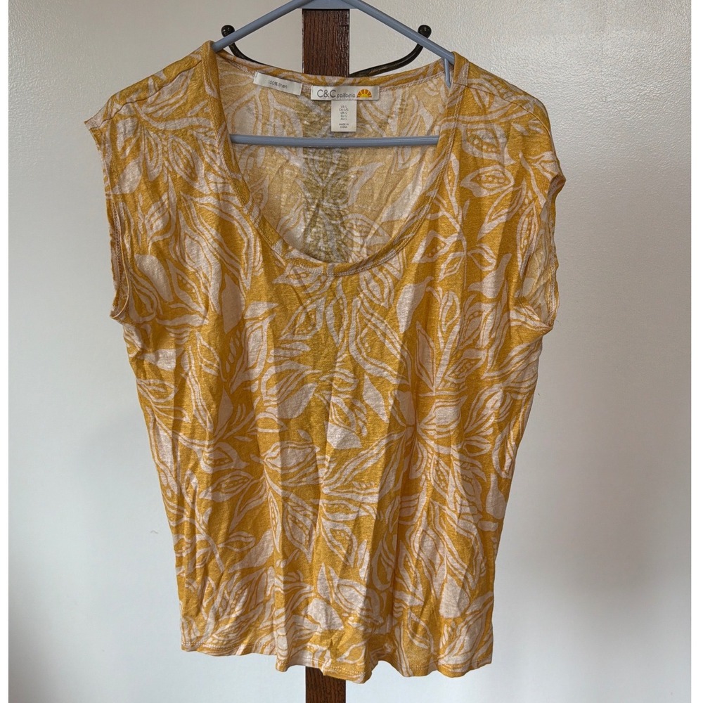 C&C California Yello White Leaf Print 100% Linen Scoop Neck Top L Lagenlook Boho